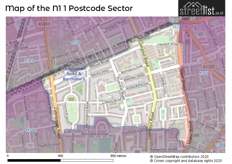 Map of the N1 1 and surrounding postcode sector