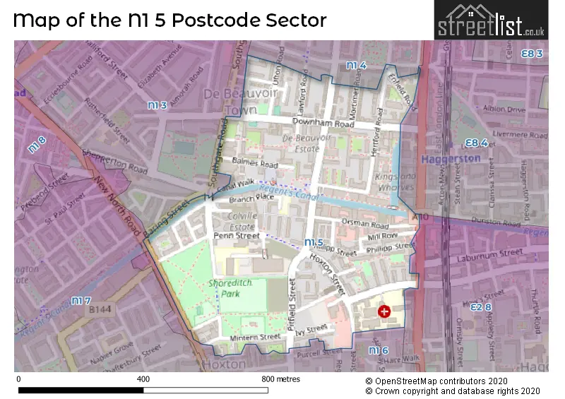 Map of the N1 5 and surrounding postcode sector