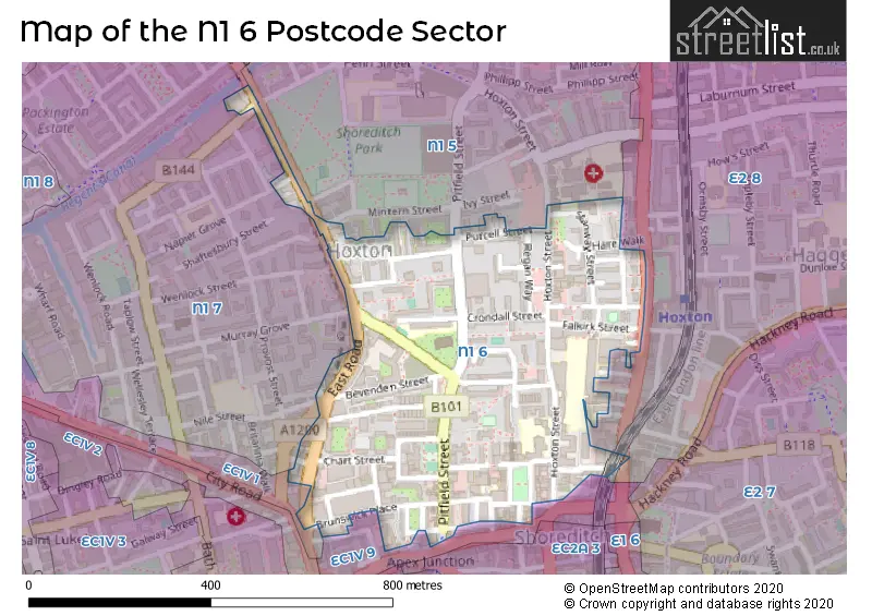 Map of the N1 6 and surrounding postcode sector