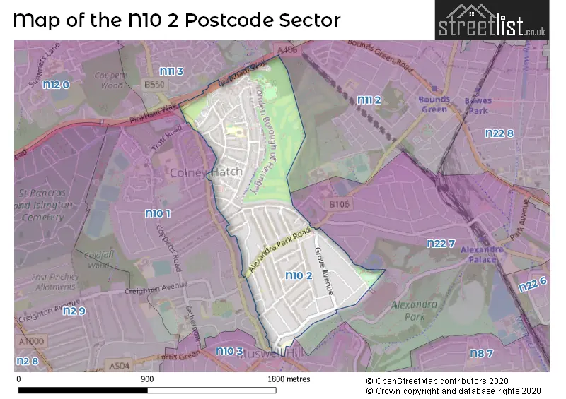 Map of the N10 2 and surrounding postcode sector