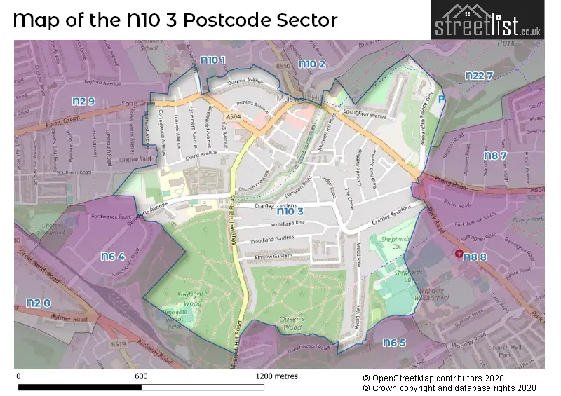 Map of the N10 3 and surrounding postcode sector