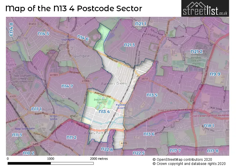 Map of the N13 4 and surrounding postcode sector