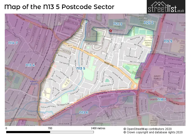 Map of the N13 5 and surrounding postcode sector