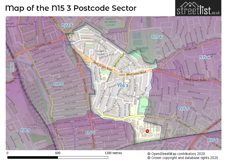 Map of the N15 3 and surrounding postcode sector
