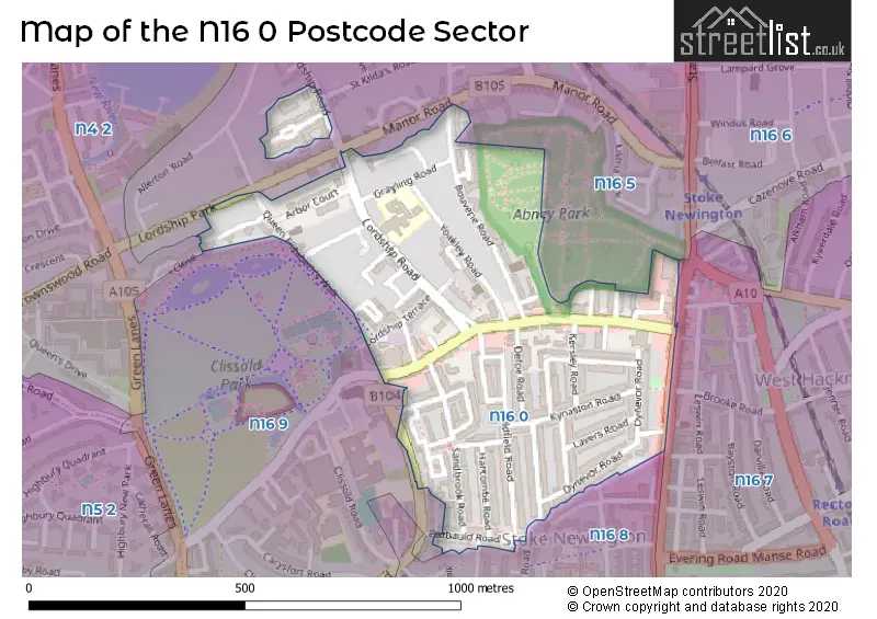 Map of the N16 0 and surrounding postcode sector