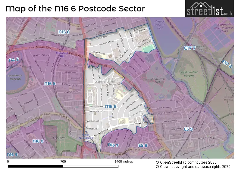 Map of the N16 6 and surrounding postcode sector