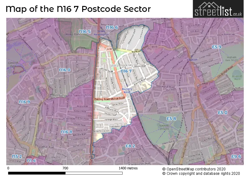 Map of the N16 7 and surrounding postcode sector