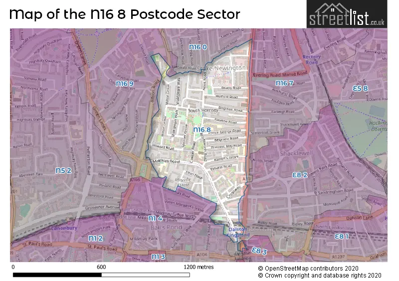 Map of the N16 8 and surrounding postcode sector