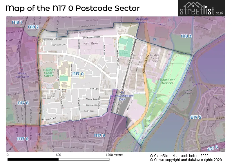 Map of the N17 0 and surrounding postcode sector