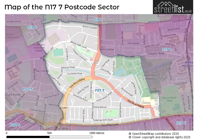 Map of the N17 7 and surrounding postcode sector