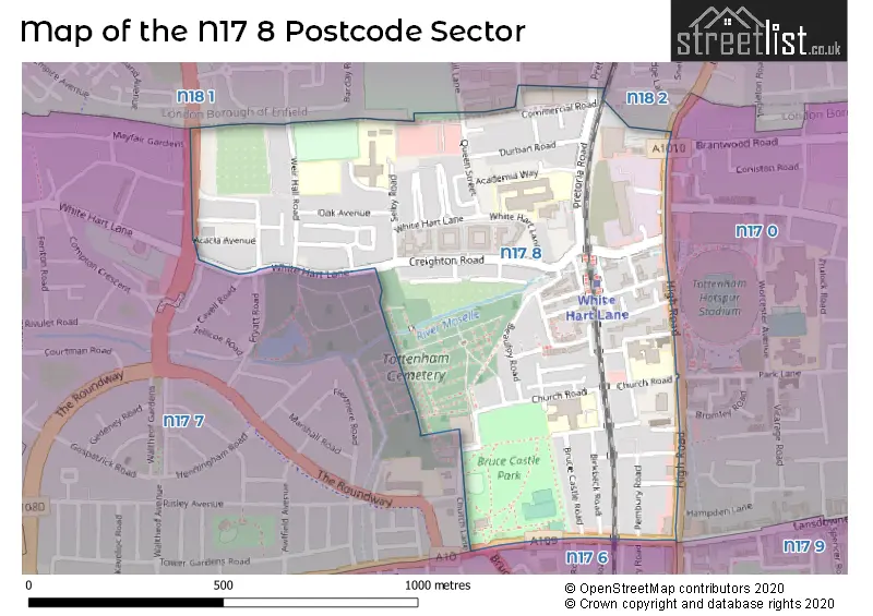 Map of the N17 8 and surrounding postcode sector