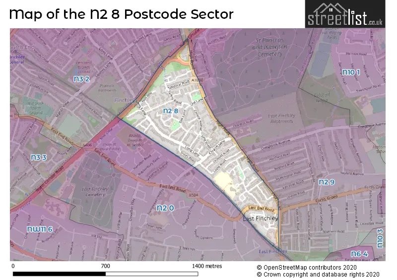 Map of the N2 8 and surrounding postcode sector