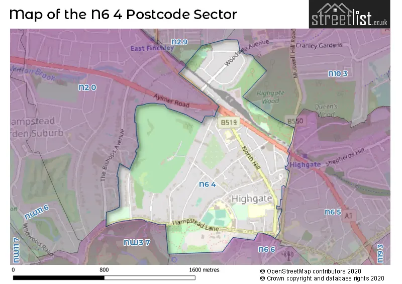 Map of the N6 4 and surrounding postcode sector