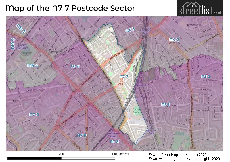 Map of the N7 7 and surrounding postcode sector