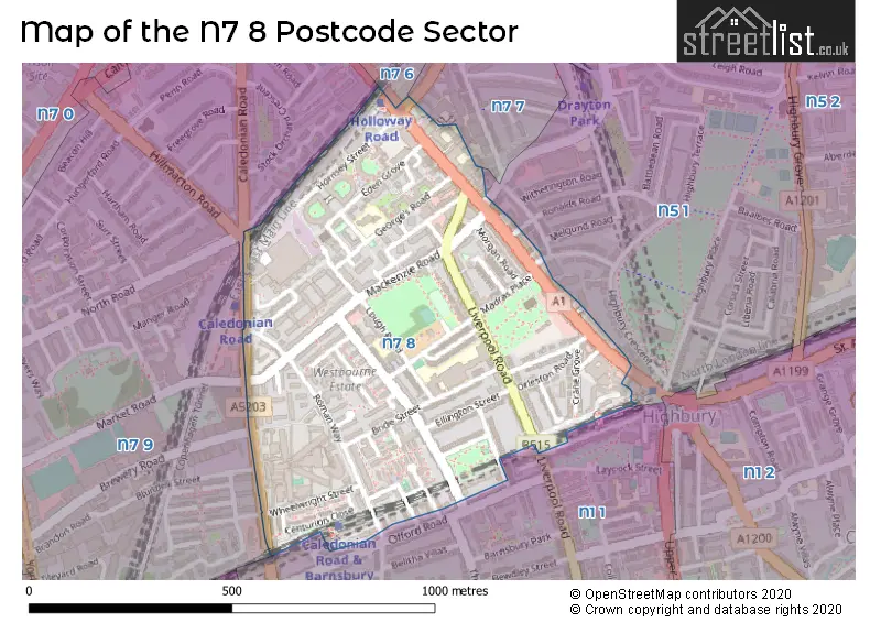 Map of the N7 8 and surrounding postcode sector