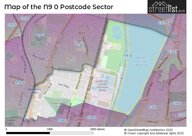 Map of the N9 0 and surrounding postcode sector