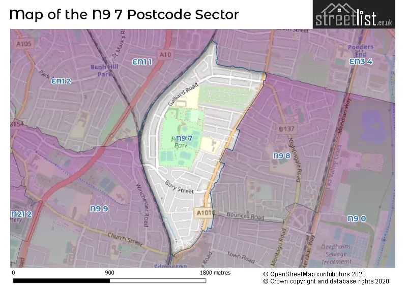 Map of the N9 7 and surrounding postcode sector