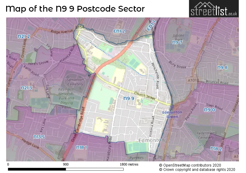 Map of the N9 9 and surrounding postcode sector