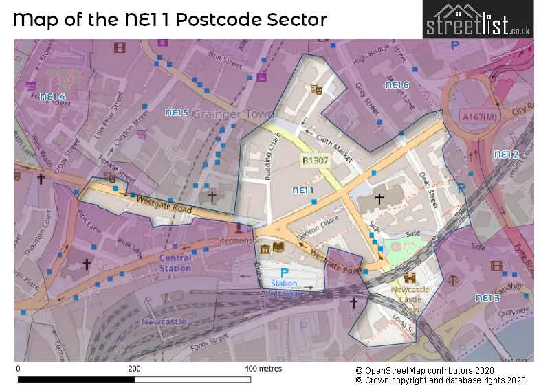 Map of the NE1 1 and surrounding postcode sector