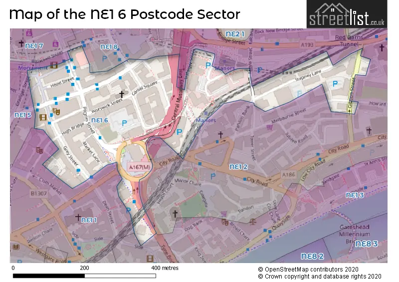 Map of the NE1 6 and surrounding postcode sector