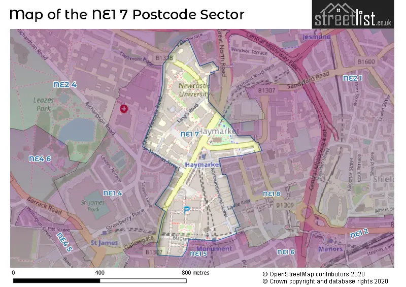 Map of the NE1 7 and surrounding postcode sector