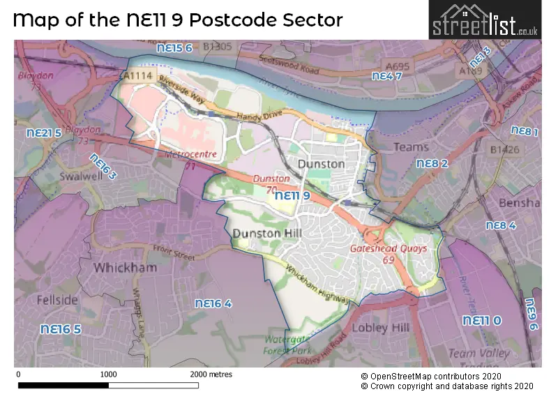 Map of the NE11 9 and surrounding postcode sector