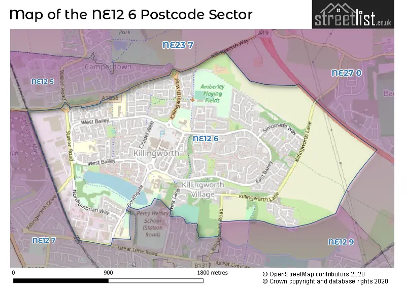 Map of the NE12 6 and surrounding postcode sector