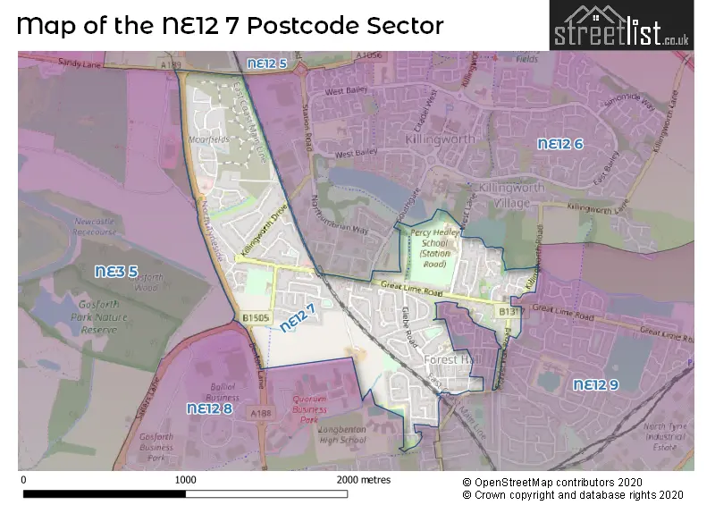 Map of the NE12 7 and surrounding postcode sector