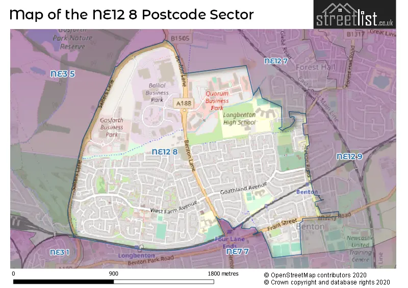 Map of the NE12 8 and surrounding postcode sector