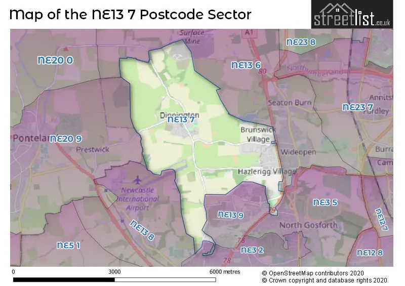 Map of the NE13 7 and surrounding postcode sector