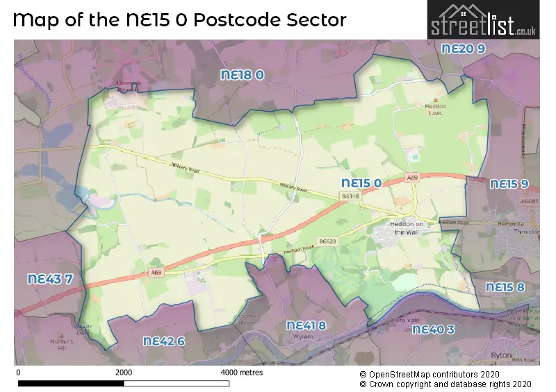 Map of the NE15 0 and surrounding postcode sector