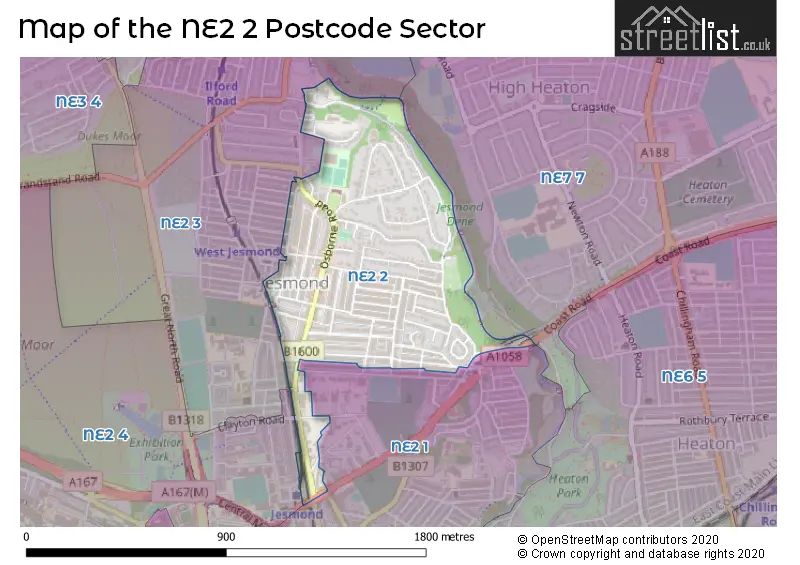 Map of the NE2 2 and surrounding postcode sector