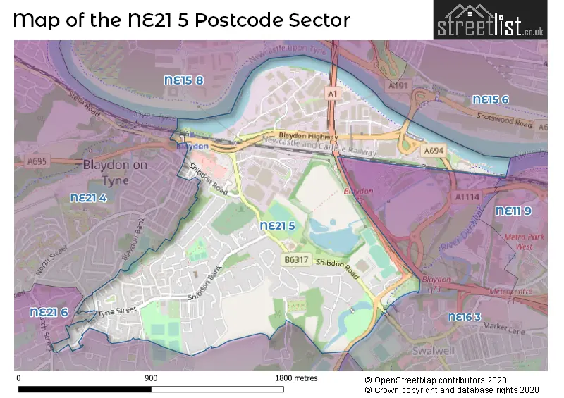 Map of the NE21 5 and surrounding postcode sector