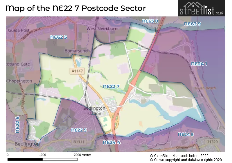 Map of the NE22 7 and surrounding postcode sector