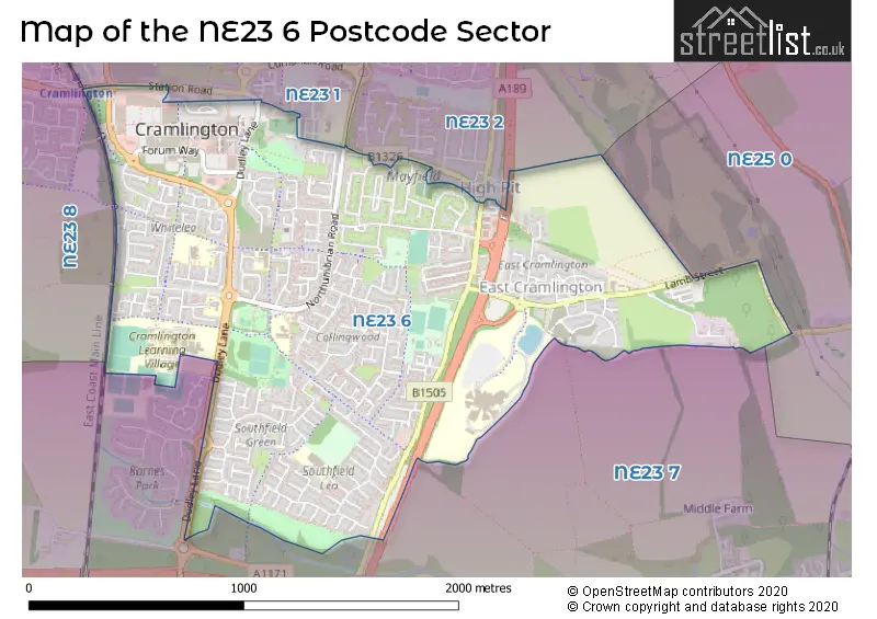 Map of the NE23 6 and surrounding postcode sector