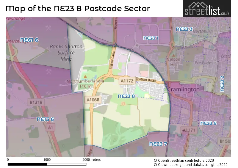 Map of the NE23 8 and surrounding postcode sector