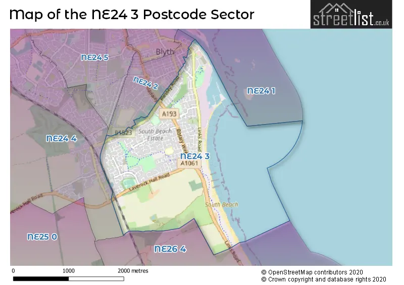 Map of the NE24 3 and surrounding postcode sector