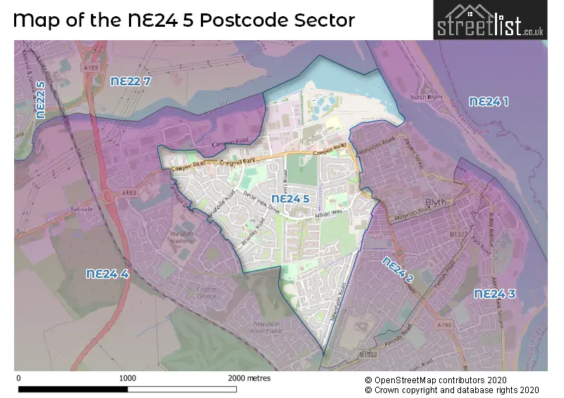 Map of the NE24 5 and surrounding postcode sector