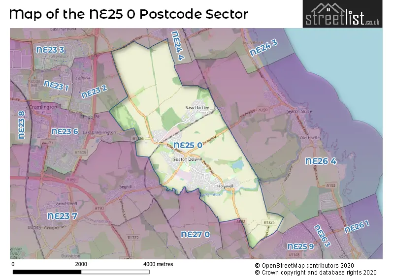 Map of the NE25 0 and surrounding postcode sector