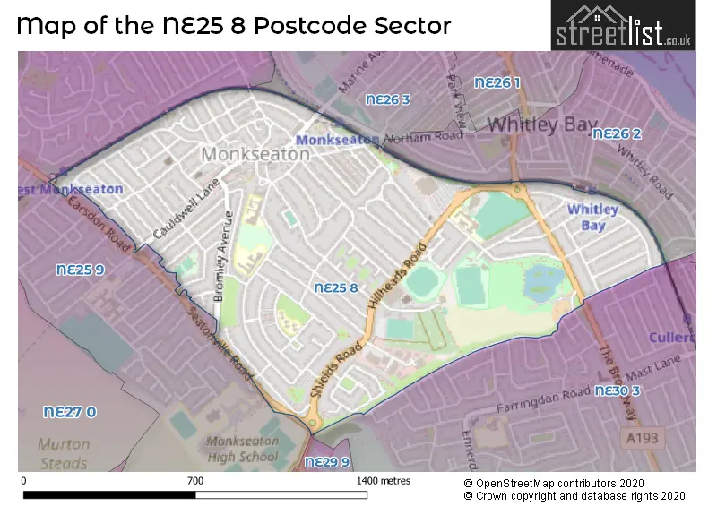 Map of the NE25 8 and surrounding postcode sector