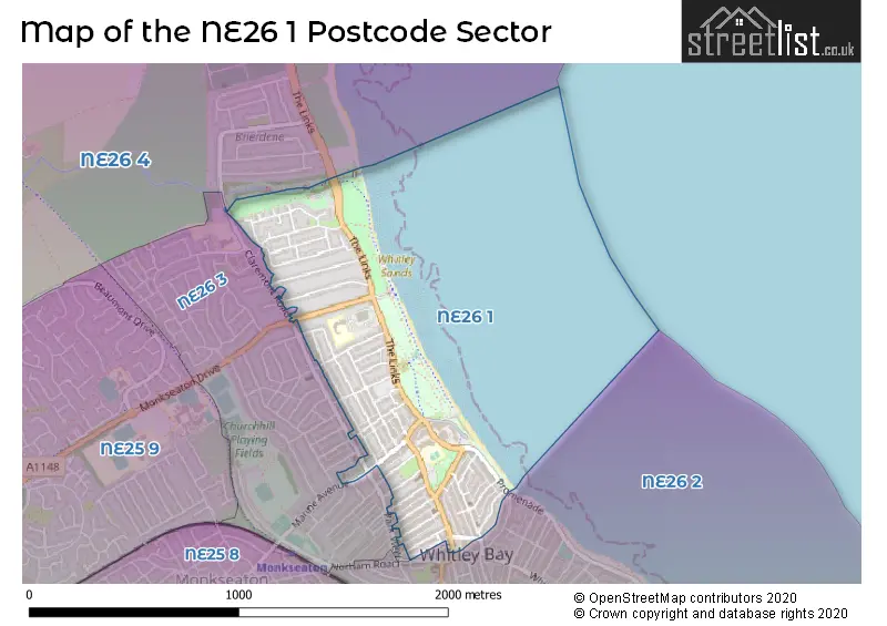 Map of the NE26 1 and surrounding postcode sector