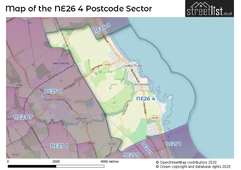 Map of the NE26 4 and surrounding postcode sector