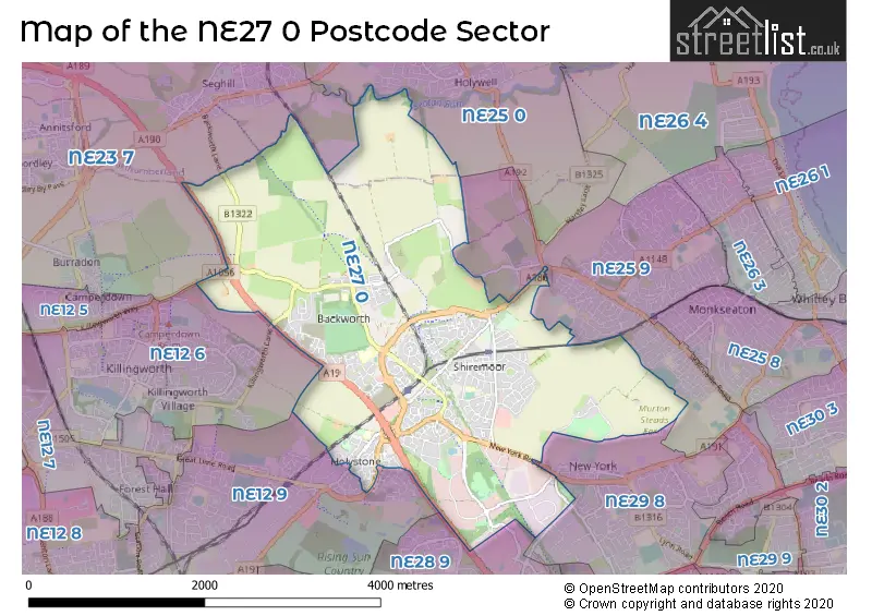 Map of the NE27 0 and surrounding postcode sector