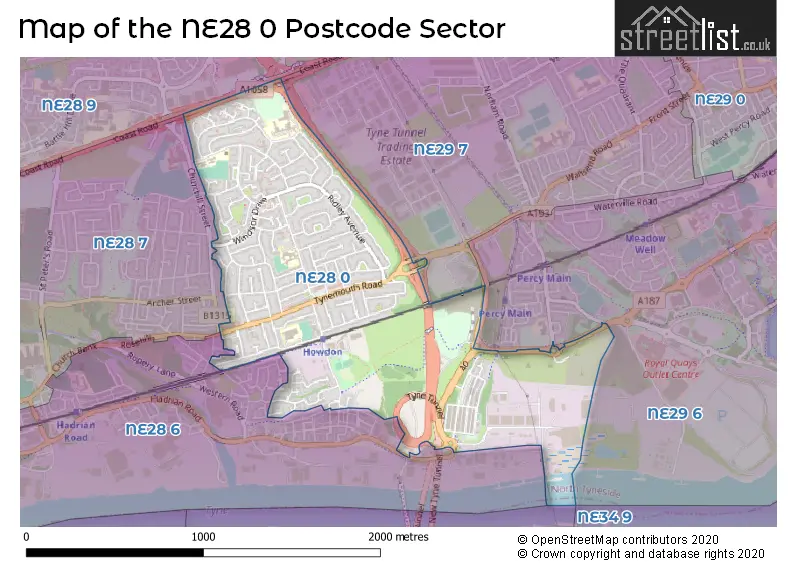 Map of the NE28 0 and surrounding postcode sector