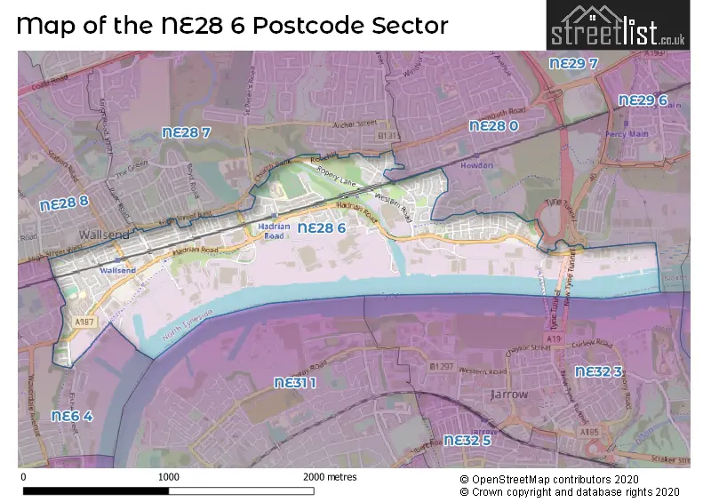 Map of the NE28 6 and surrounding postcode sector