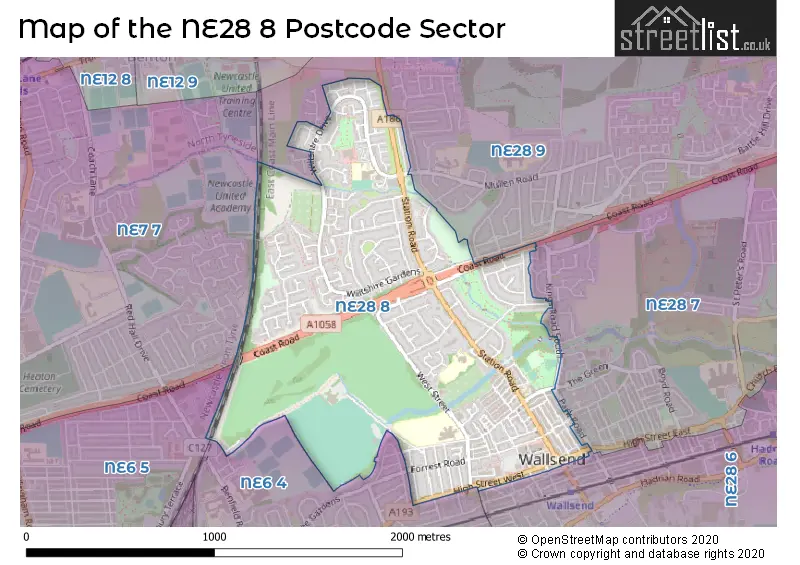 Map of the NE28 8 and surrounding postcode sector