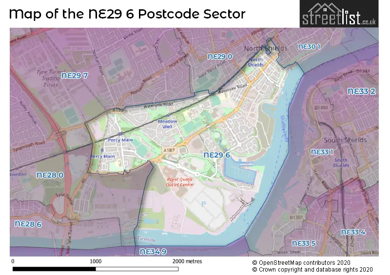 Map of the NE29 6 and surrounding postcode sector