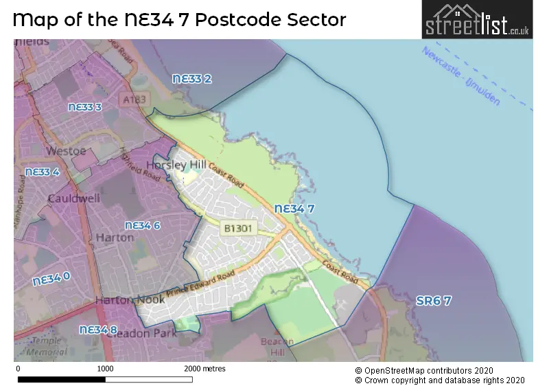 Map of the NE34 7 and surrounding postcode sector