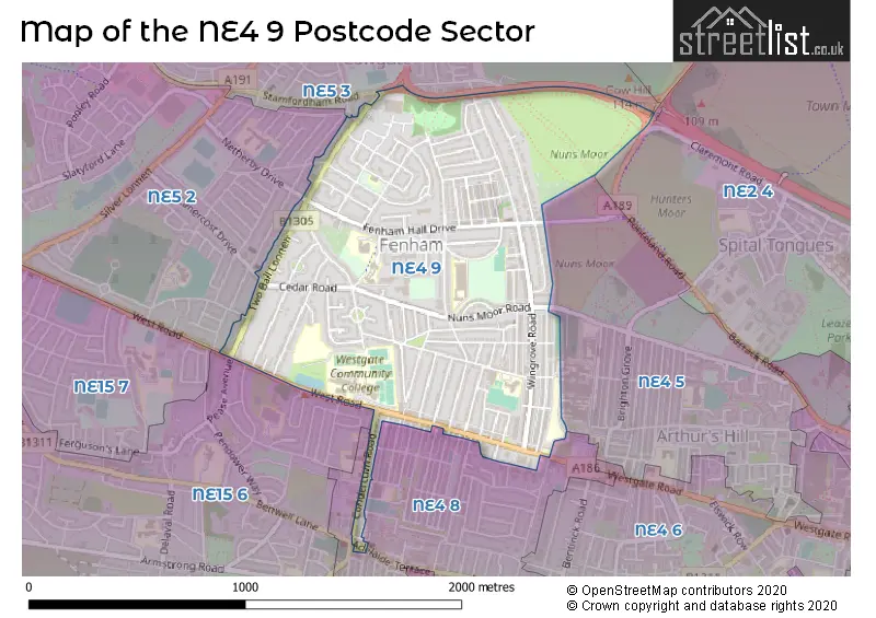 Map of the NE4 9 and surrounding postcode sector