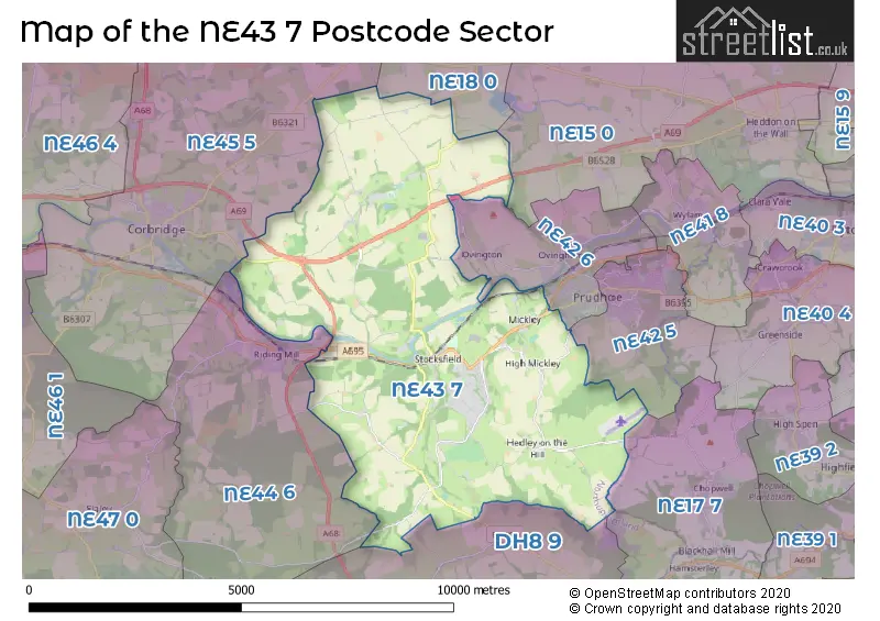 Map of the NE43 7 and surrounding postcode sector